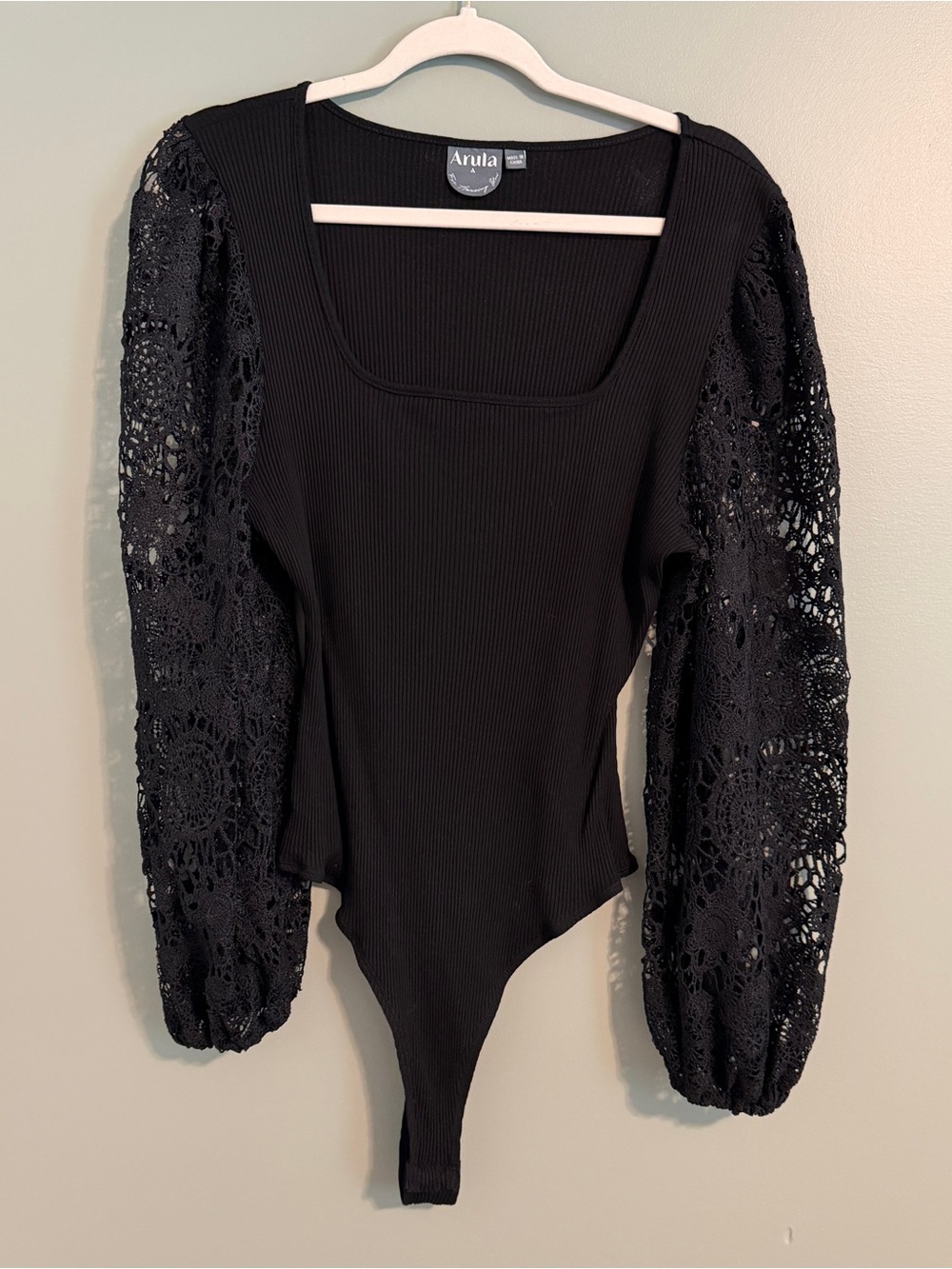 ARULA Black Ribbed Bodysuit with Crochet Puff Sleeves